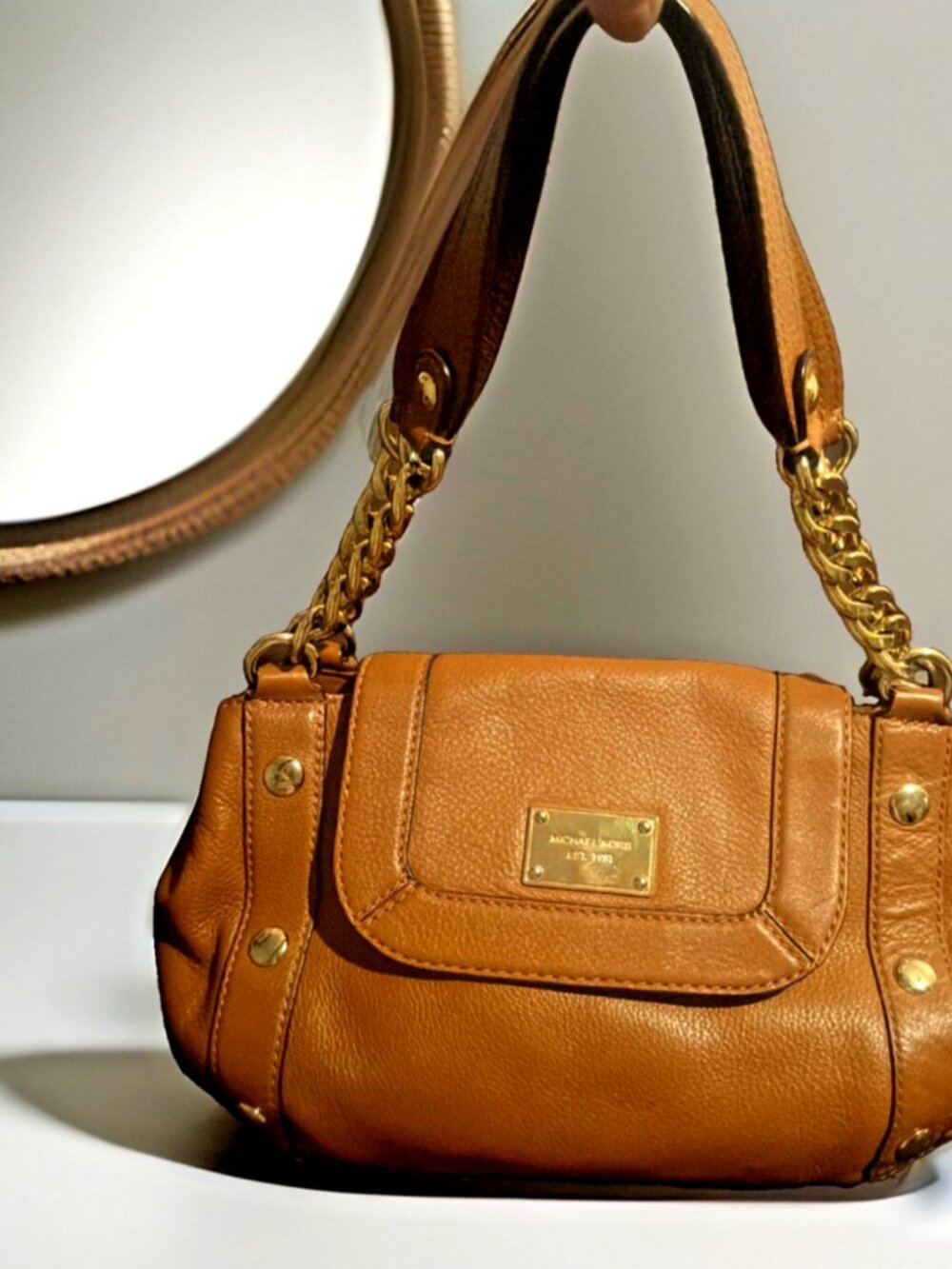 MICHAEL KORS DELANCY Tan Camel Bag Gold Chain Soft Leather Double Handle MKPURSE